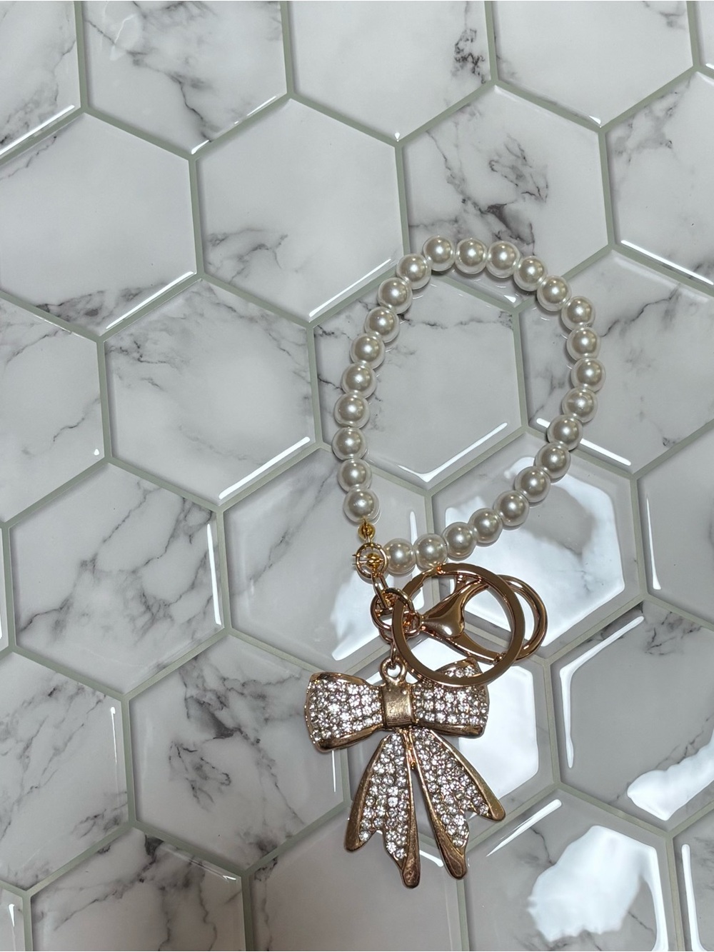 Pearl Bracelet Keychain with Crystal Bow Charm